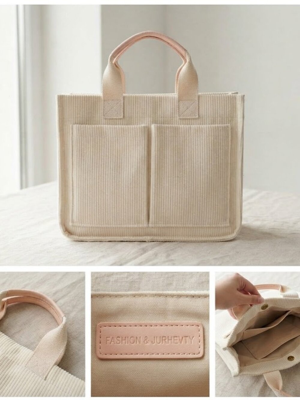 Cream Corduroy Tote Bag with Pockets & Leather Handles